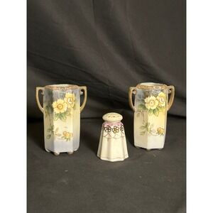 Nippon Hand Painted Porcelain Salt and Pepper Shakers Set 3pc Floral Gold Blue